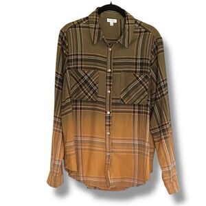 Love, Fire Women’s Ombre Gold Brown Flannel Long Sleeve Blouse Med Comfy